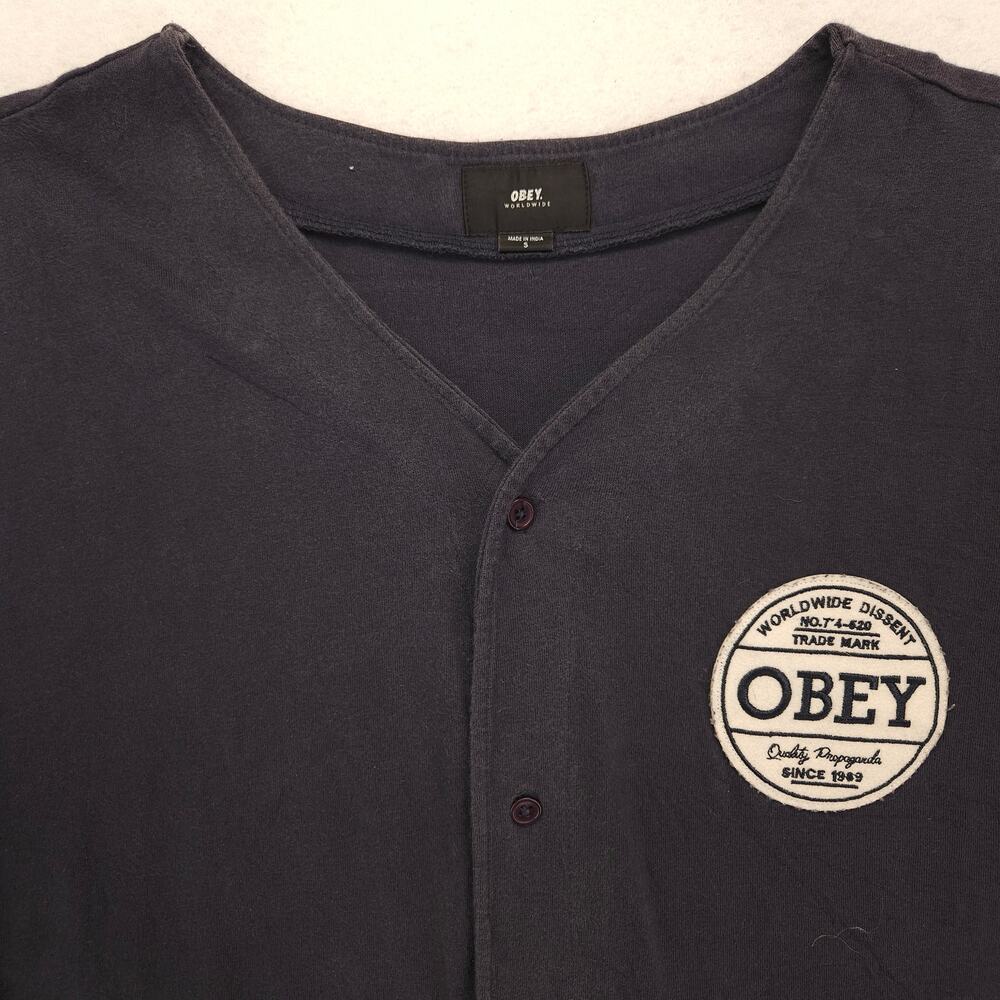Obey Casual Button Up Short Sleeve Graphic Shirt Mens Size Small S Navy Blue